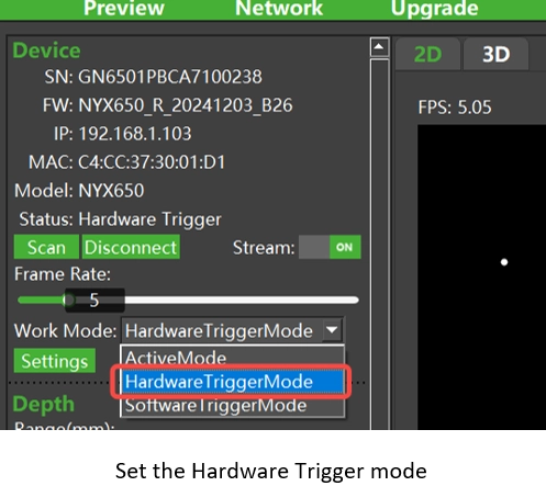 Setting the camera's Work Mode to HardwareTrigger mode by ScepterGUITool.