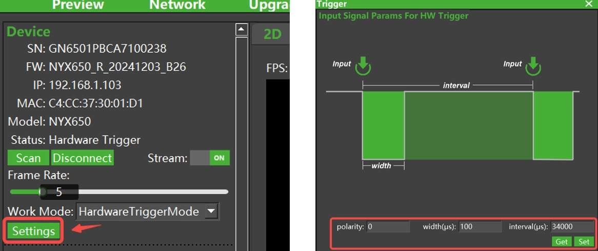 Click "Settings" to set the hard trigger parameters in the pop-up dialog box.