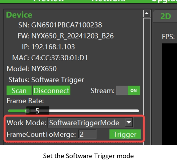 Setting the camera's Work Mode to software trigger mode.