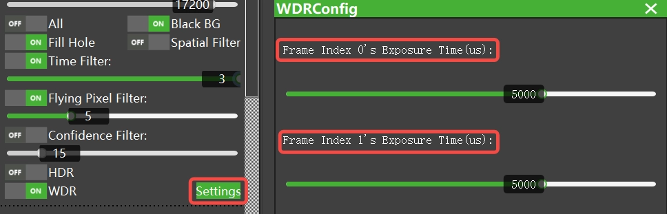 WDR exposure time configuration page.